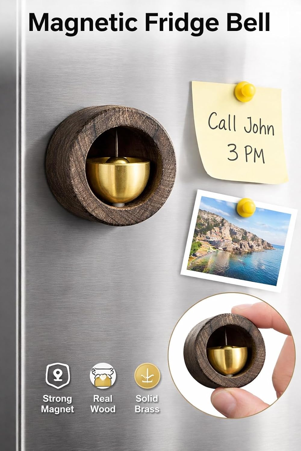 Wooden Round Magnetic Fridge Magnet with Gold Brass Bell, Rustic Brown, for Refrigerator Door