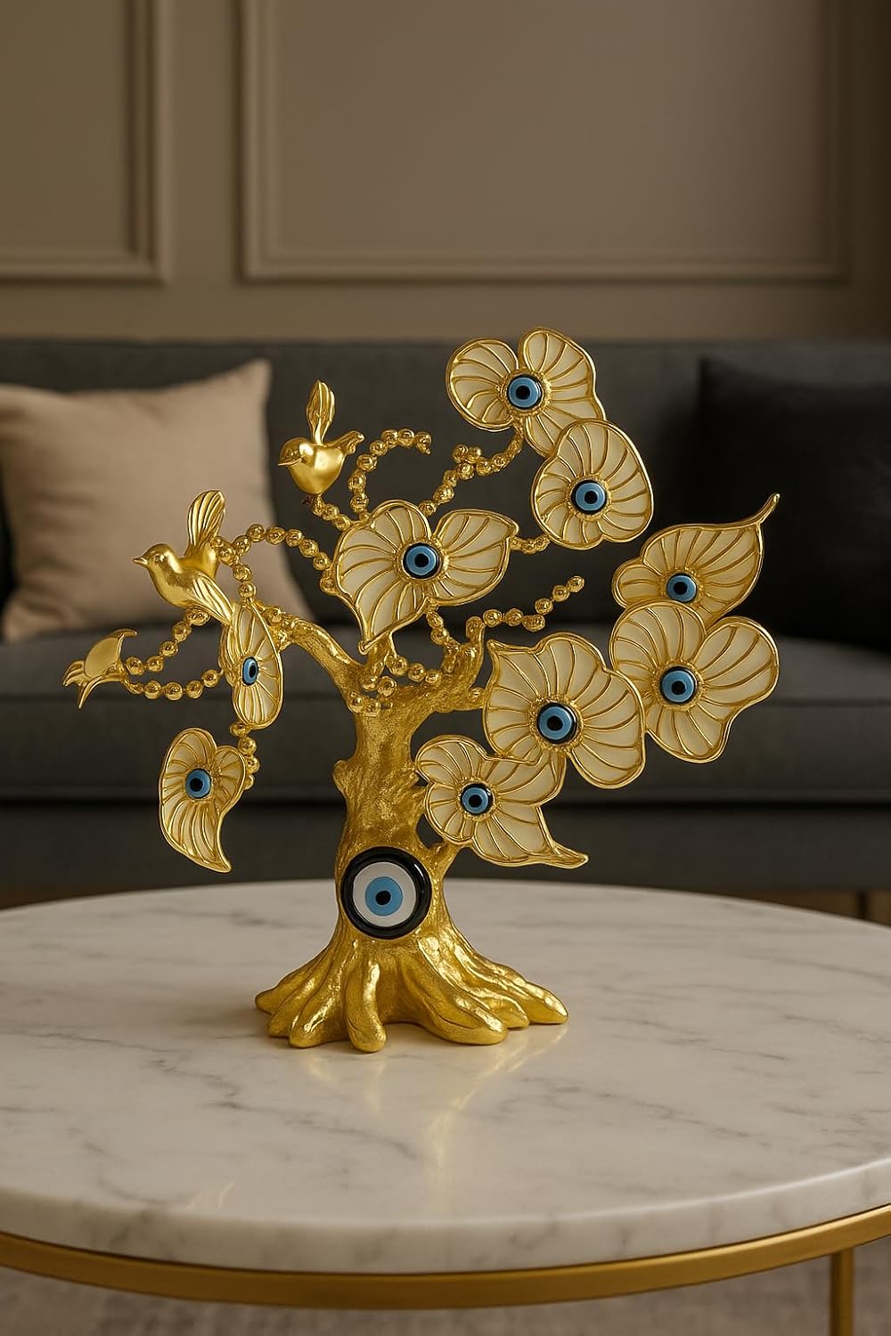 Gold Evil Eye Tree Decor with Blue Eye Charms, Metal Decorative Sculpture, Good Luck Protection Symbol