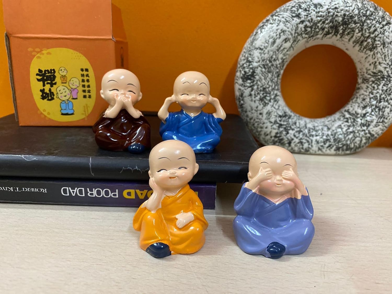 Manifested Decor - Colorful 4 Monks Buddha Figurines for Home Decor, Office, Car Dashboard, Car Accessories, Christmas, Diwali, Vaastu, Fengshui