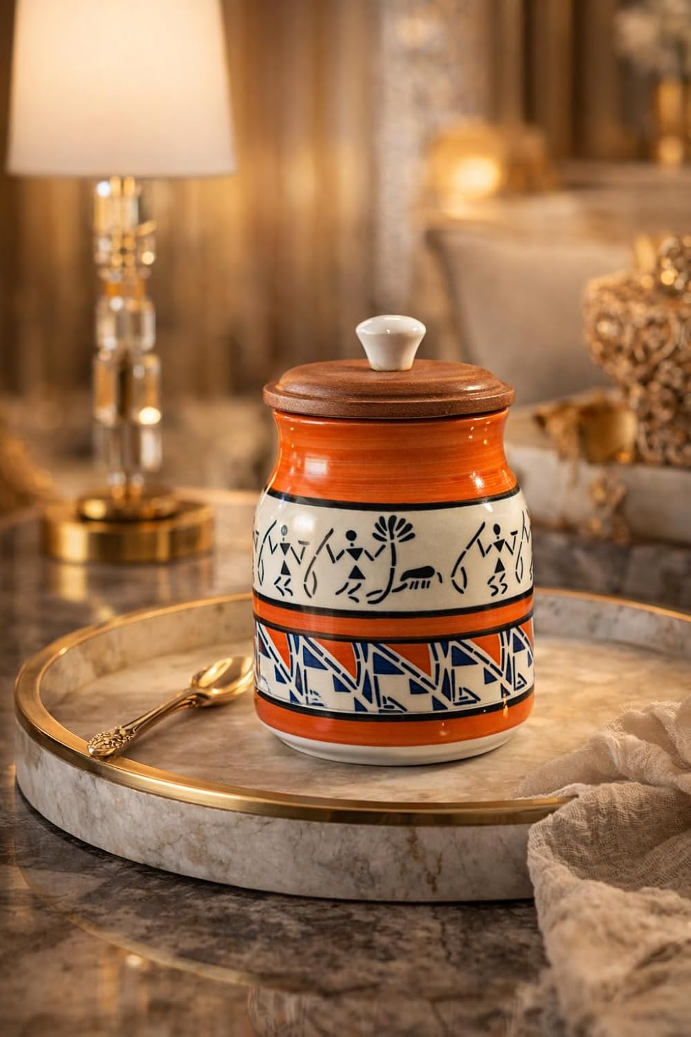 Ceramic Storage Jar with Wooden Lid, Orange and Blue, Tribal Art Print, Handcrafted Kitchen Canister