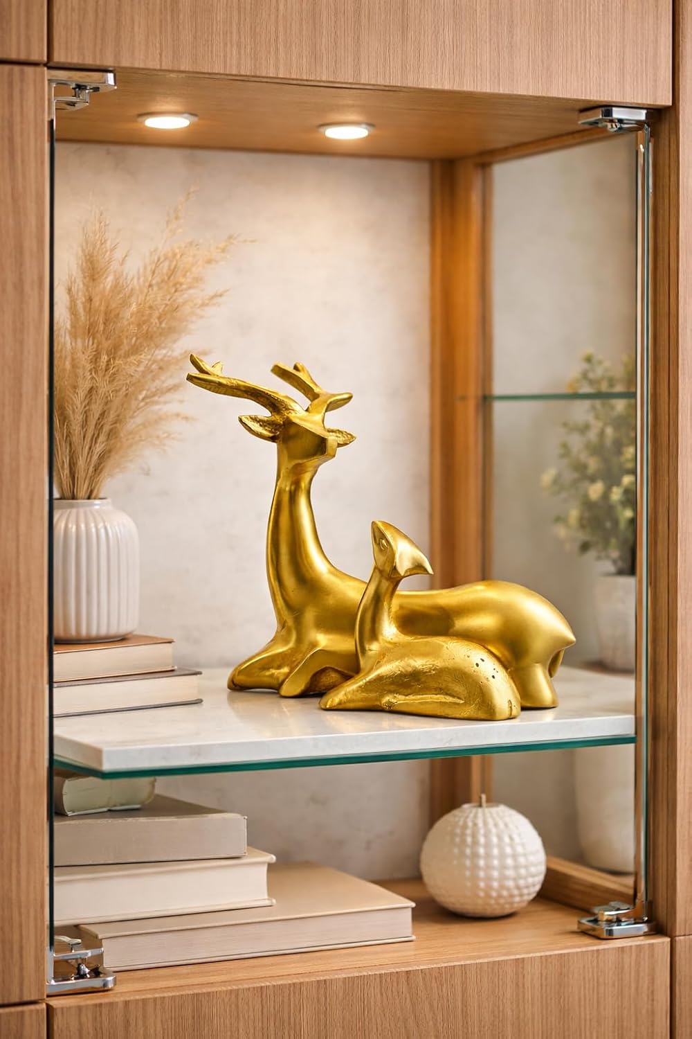 Golden Deer Figurine Set, 2 Piece, Decorative Sculpture, Home Decor Accent, Resting Pose with Antlers