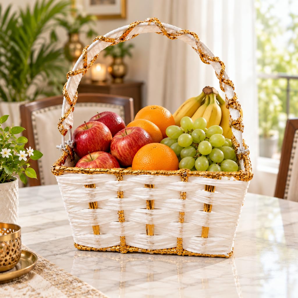 White & Gold Woven Basket for Pooja with Sturdy Carry Handle – view 4