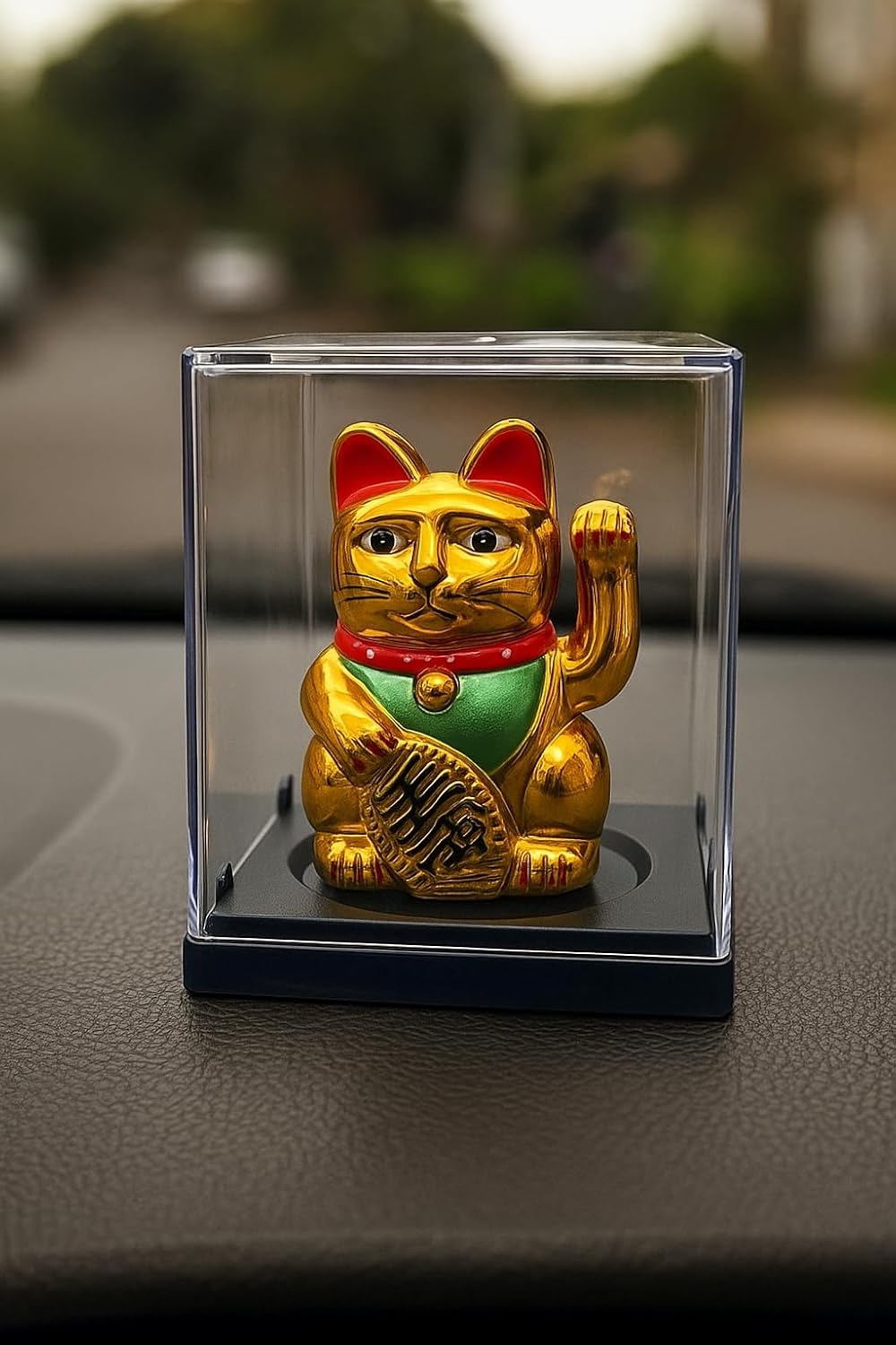 Lucky Cat Figurine - Moves Hand with Solar Energy Comes with Display Case, Gold Maneki Neko Fortune Cat Statue, Traditional Japanese Decor