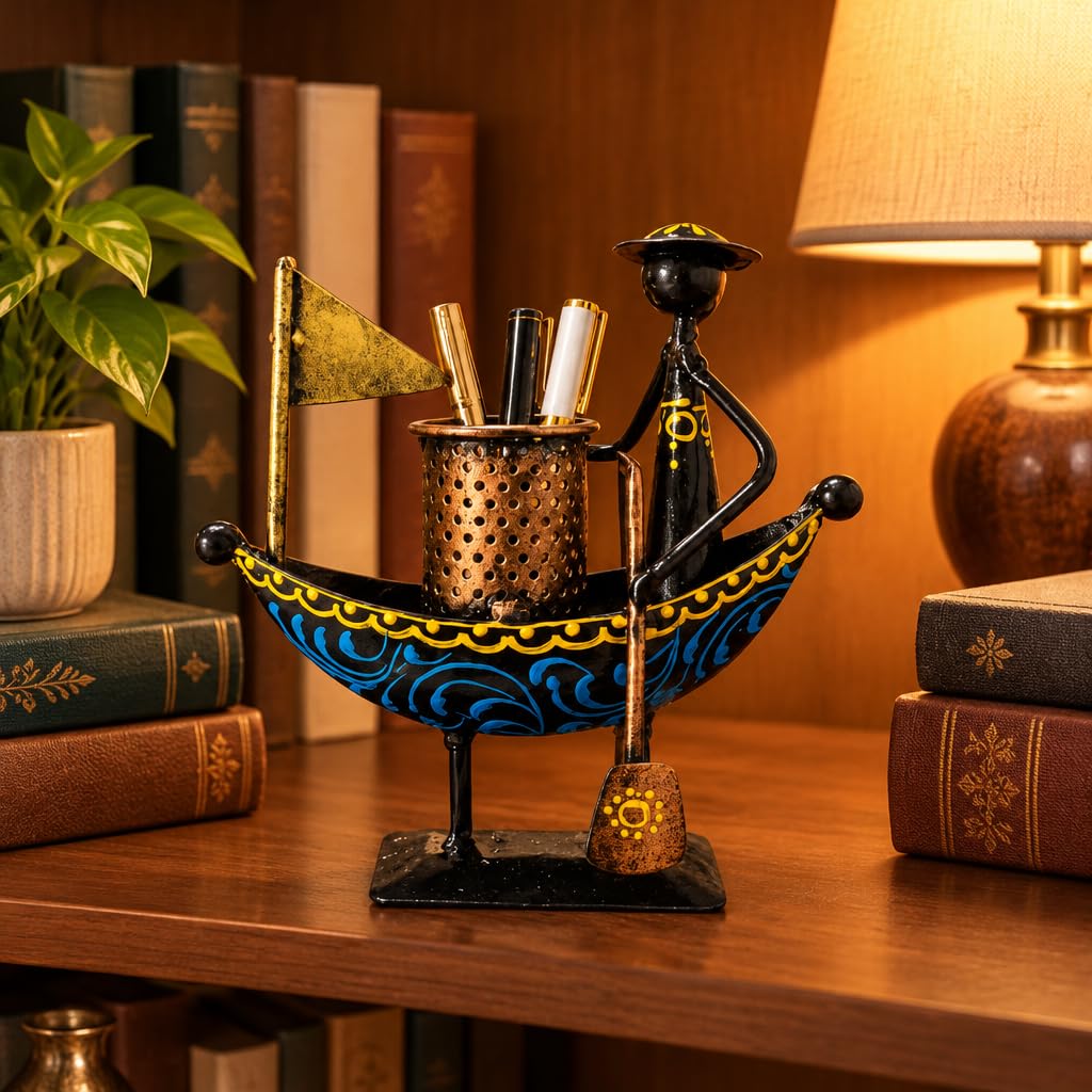 Handpainted Metal Boat Pen Holder with Boatman Figurine – view 5