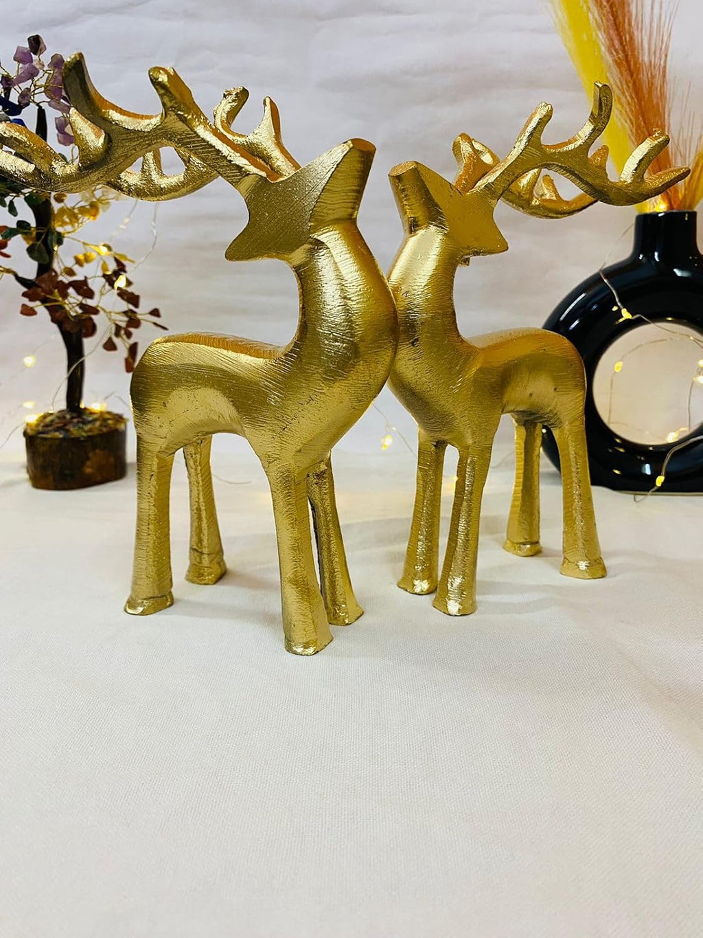 Manifested Decor Golden Antique Vastu Metal Reindeer Figure Statue for Good Luck | Christmas Deer Showpiece for Home Decor Tabletop - Ideal for Gifting(Set of 2)
