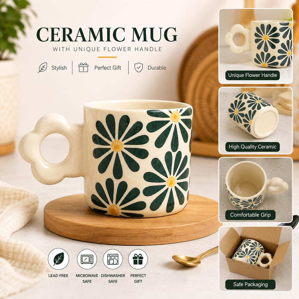 Ceramic Coffee Mug with Unique Flower Handle – view 3