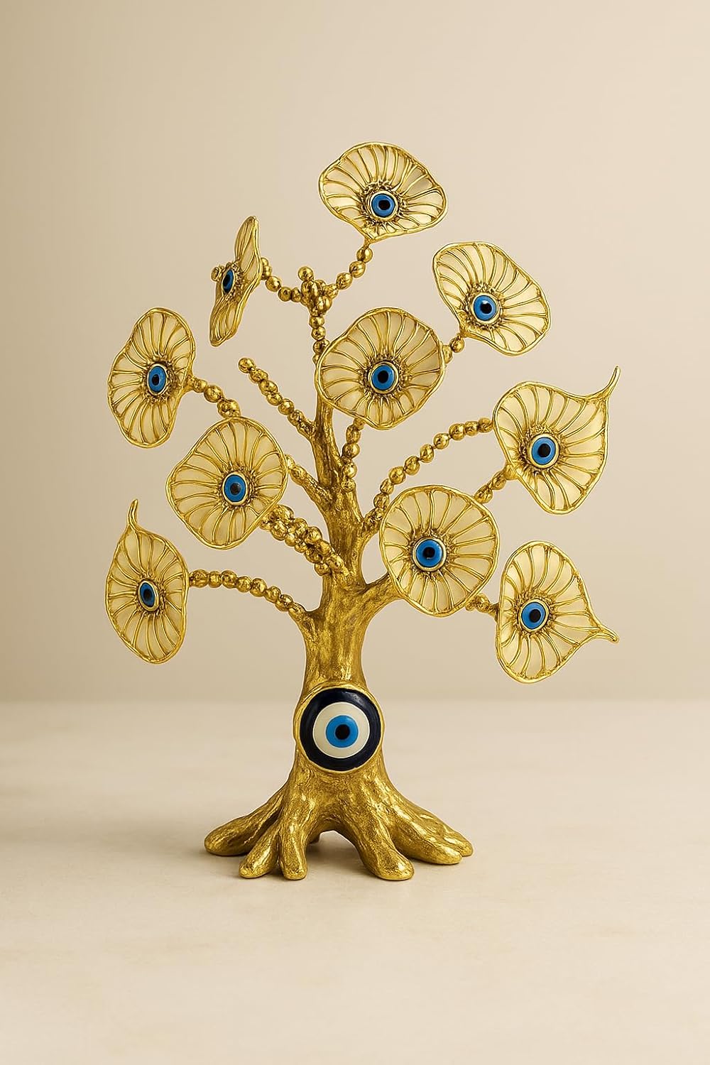 Gold Evil Eye Tree Decor with Blue Eye Charms, Metal Decorative Sculpture, Good Luck Protection Symbol