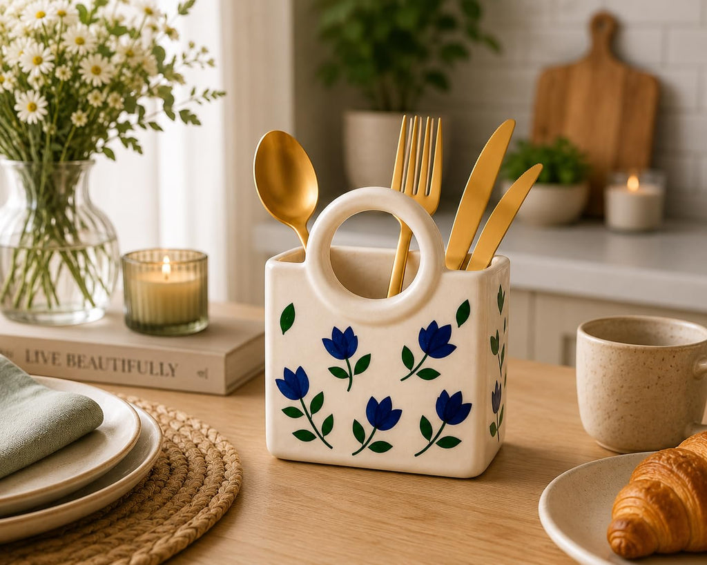 Ceramic Utensil Holder with Blue Floral Pattern, White Kitchen Organiser, Cutlery Set Holder