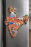 India Map Shape Fridge Magnet, Colourful 3D Cultural Souvenir with Taj Mahal, Delhi, Jaipur, Mumbai Icons (Blue)