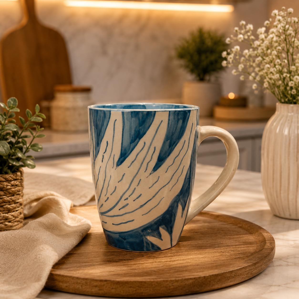 Ceramic Coffee Mug with Blue and White Marble Swirl Design