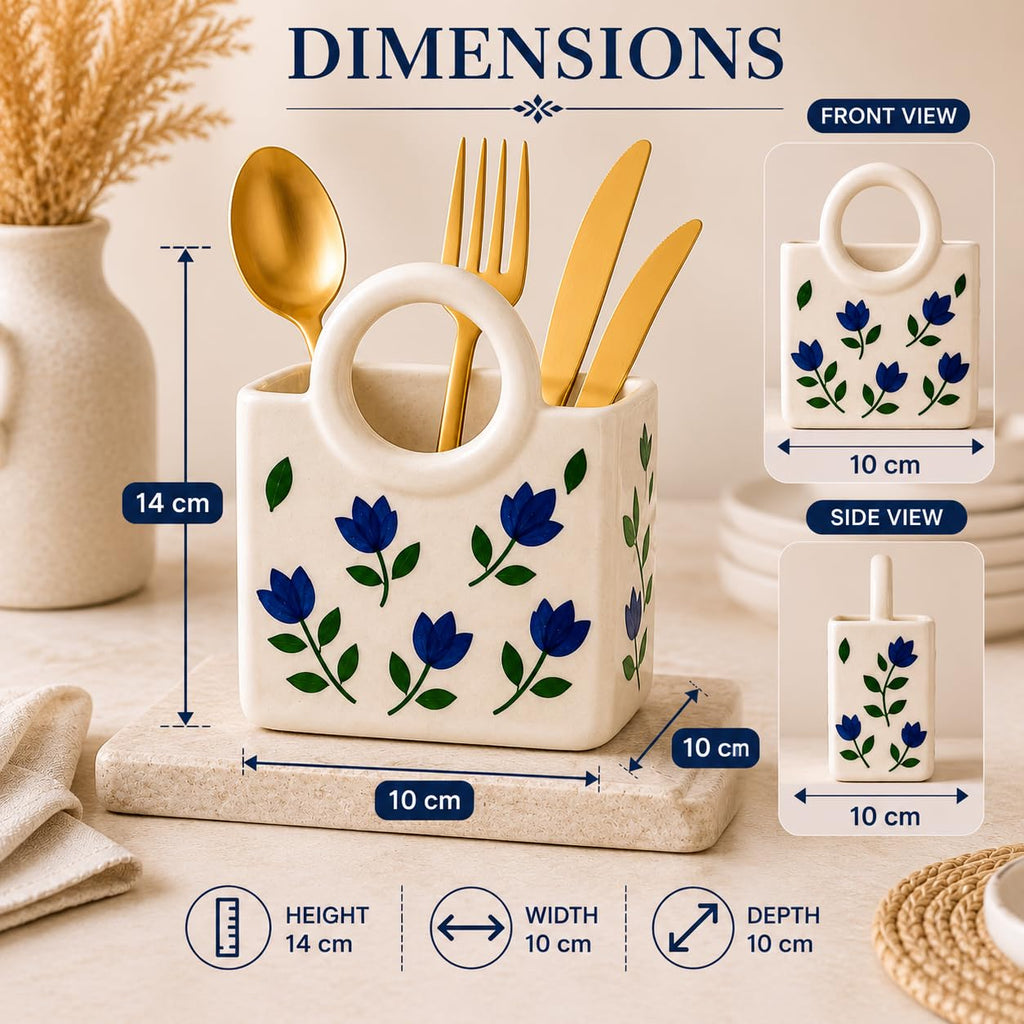 Ceramic Utensil Holder with Blue Floral Pattern, White Kitchen Organiser, Cutlery Set Holder