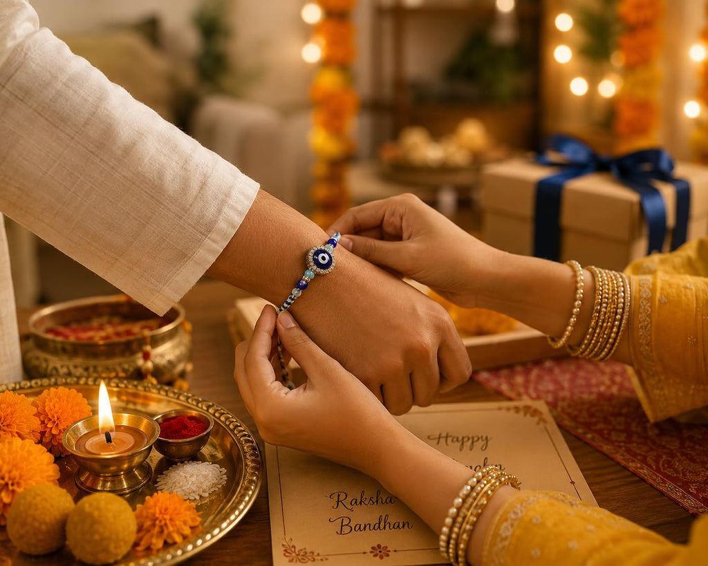 Rakhi with Mohini Tilak, Blue Beaded Thread, Raksha Bandhan Gift Set