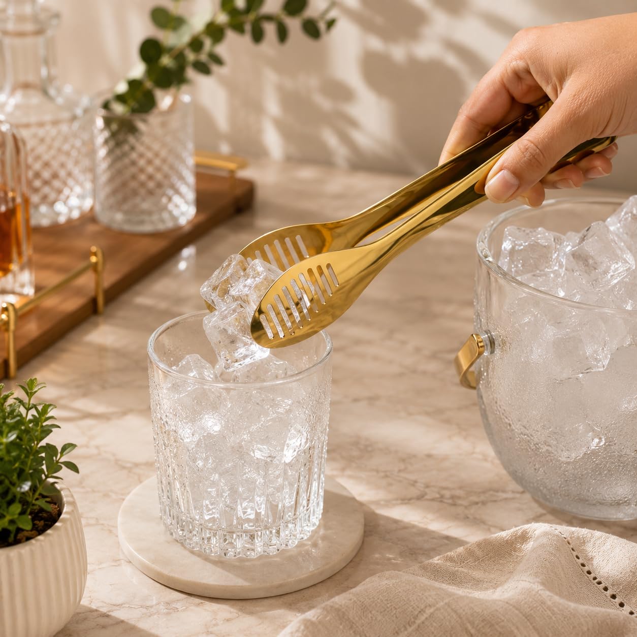 Gold Stainless Steel Serving Tongs with Slotted Heads | Ice & Food Serving, Polished Finish