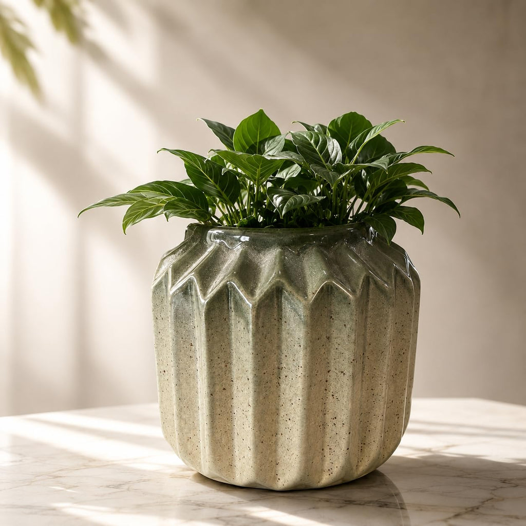 Ceramic Planter Pot with Ribbed Texture, Glazed Finish | Indoor Plant Pot, Speckled Stoneware, Gradient Green Glaze, Decorative Home Decor, Tabletop Display