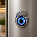 Evil Eye Fridge Magnet, Blue Glass Nazar Bead, Silver Filigree Metal Frame with Crystal Accents, Decorative Protection Charm