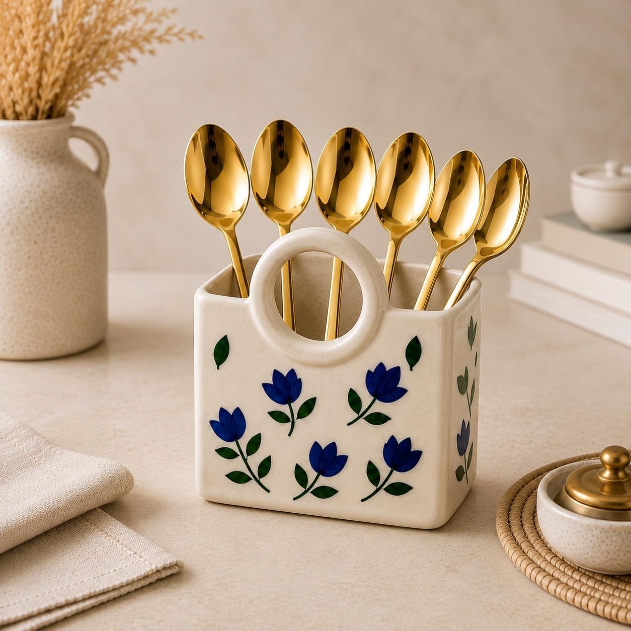 Gold Stainless Steel Cutlery Spoons, Forks - Set of 6, Mirror Finish (Gold Spoon Set of 6)