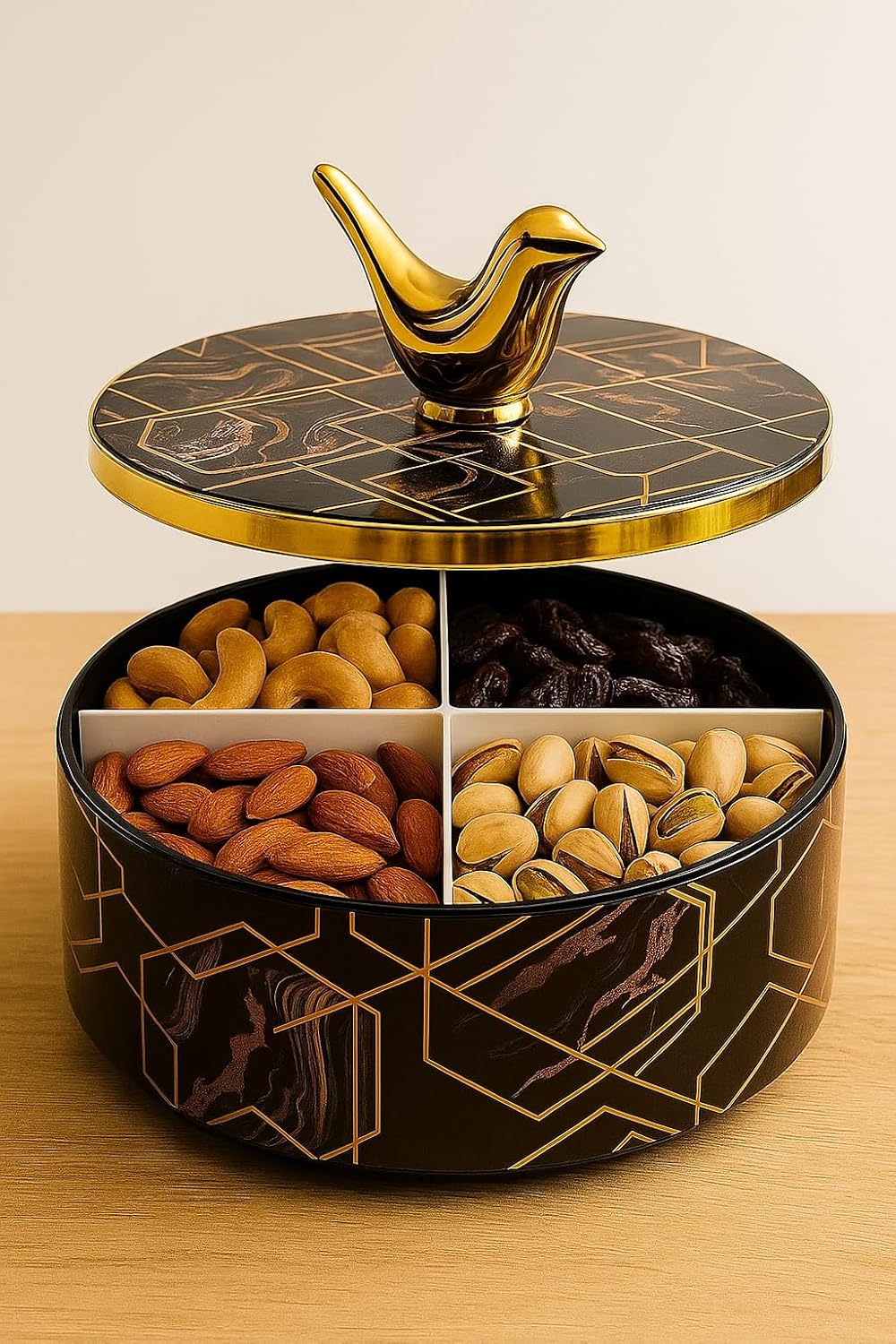 Luxury Decorative Storage Box with Gold Bird Lid, Geometric Pattern, Modern Home Decor