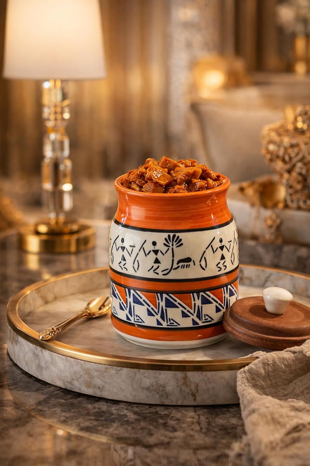 Ceramic Storage Jar with Wooden Lid, Orange and Blue, Tribal Art Print, Handcrafted Kitchen Canister