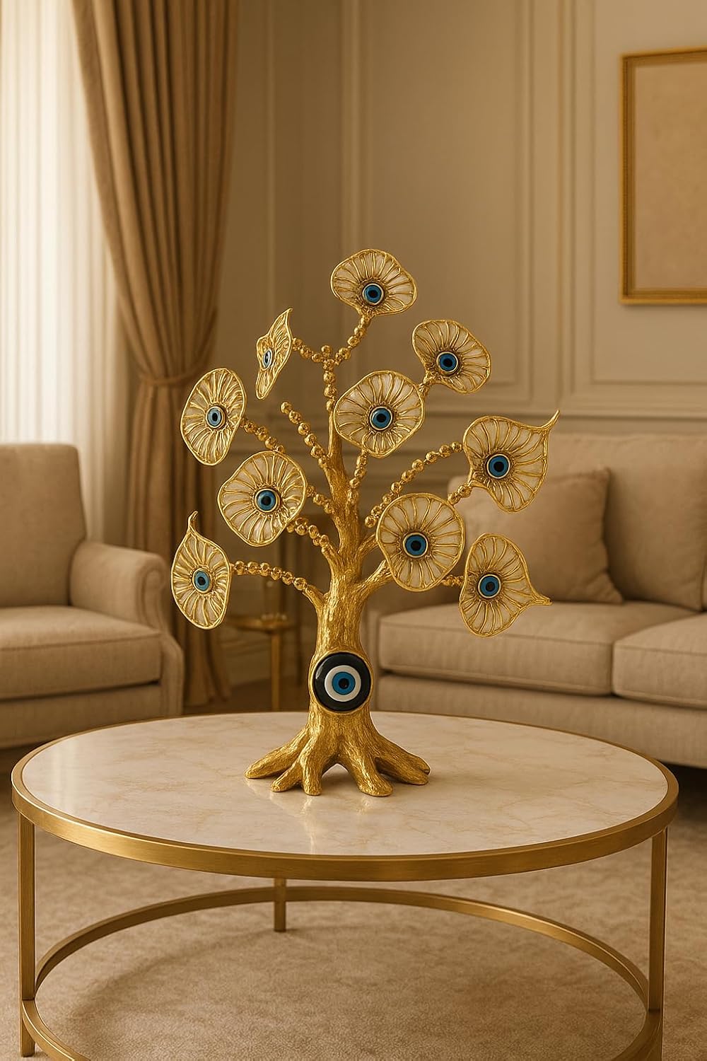 Gold Evil Eye Tree Decor with Blue Eye Charms, Metal Decorative Sculpture, Good Luck Protection Symbol