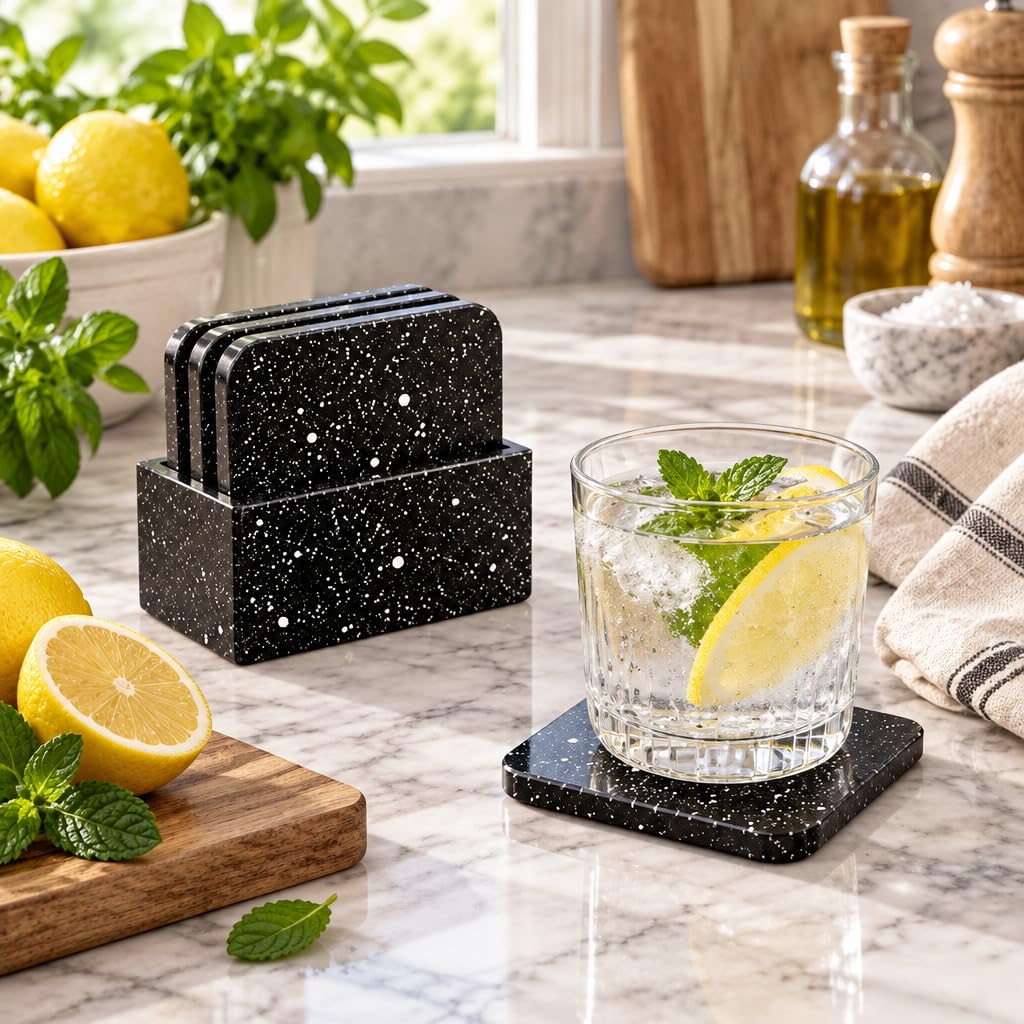 Black Speckled Coaster Set with Holder – view 3