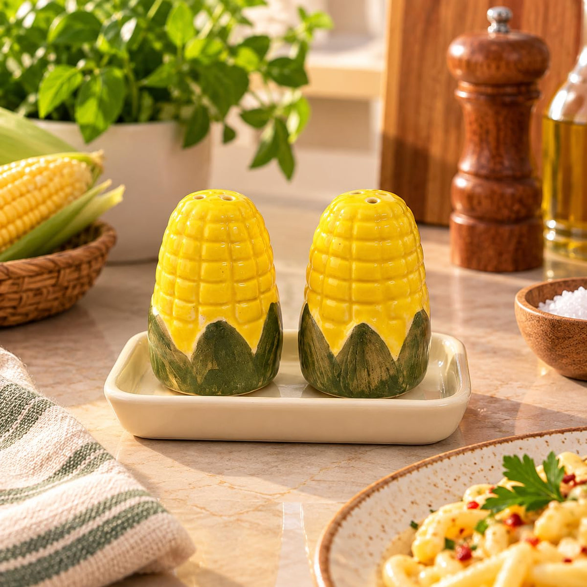 Ceramic Salt and Pepper Shaker Set - Cute Trendy Designs - Mushroom, Onion Garlic, Watermelon and Leaf Design (Dice)