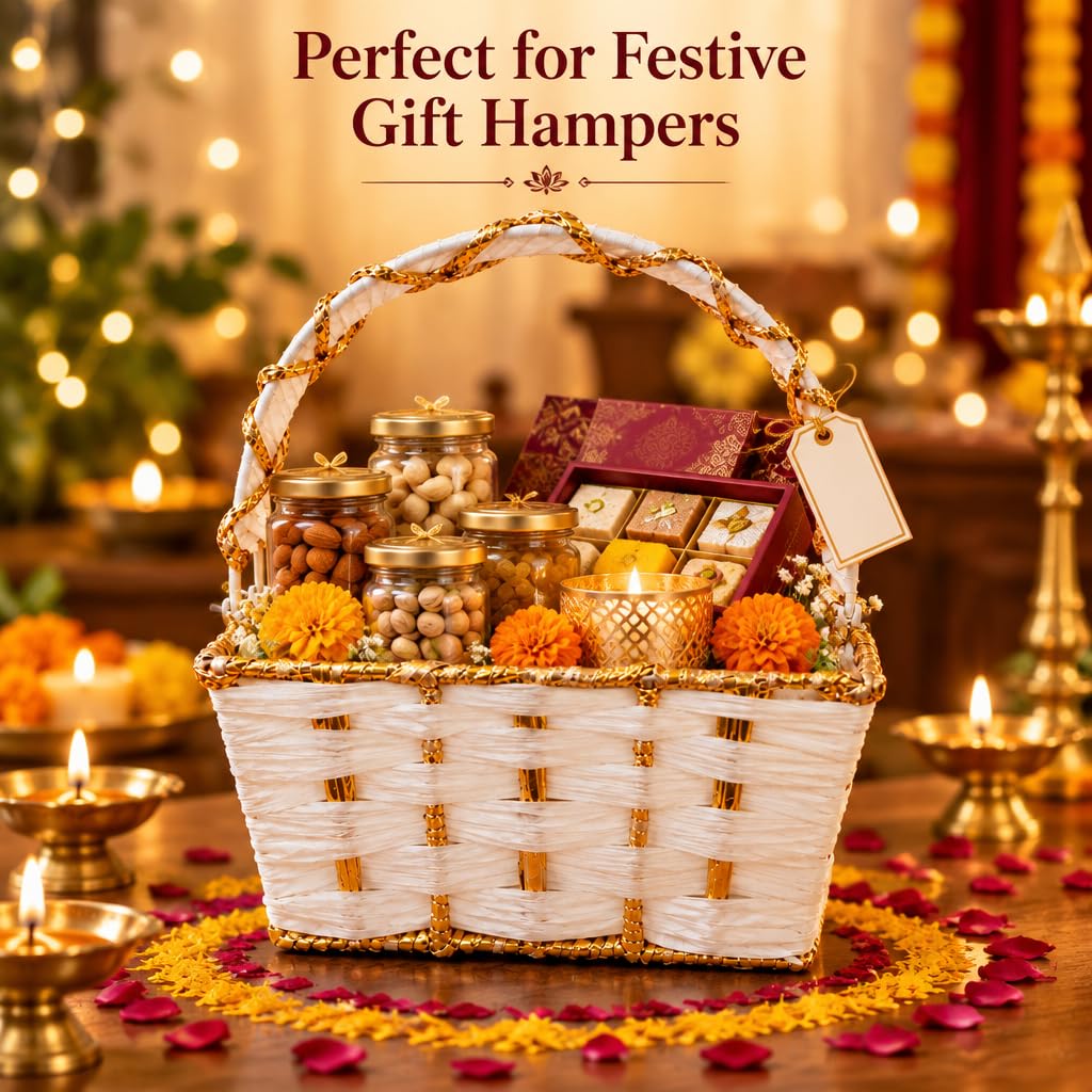 White & Gold Woven Basket for Pooja with Sturdy Carry Handle – view 6