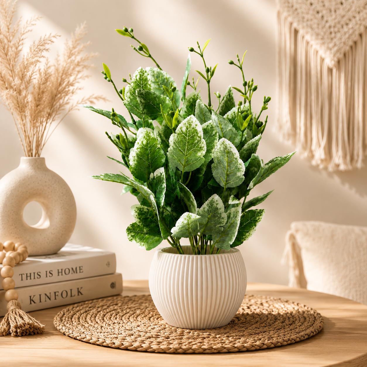 Artificial Plant with White Plastic Pot, Green Variegated Leaves