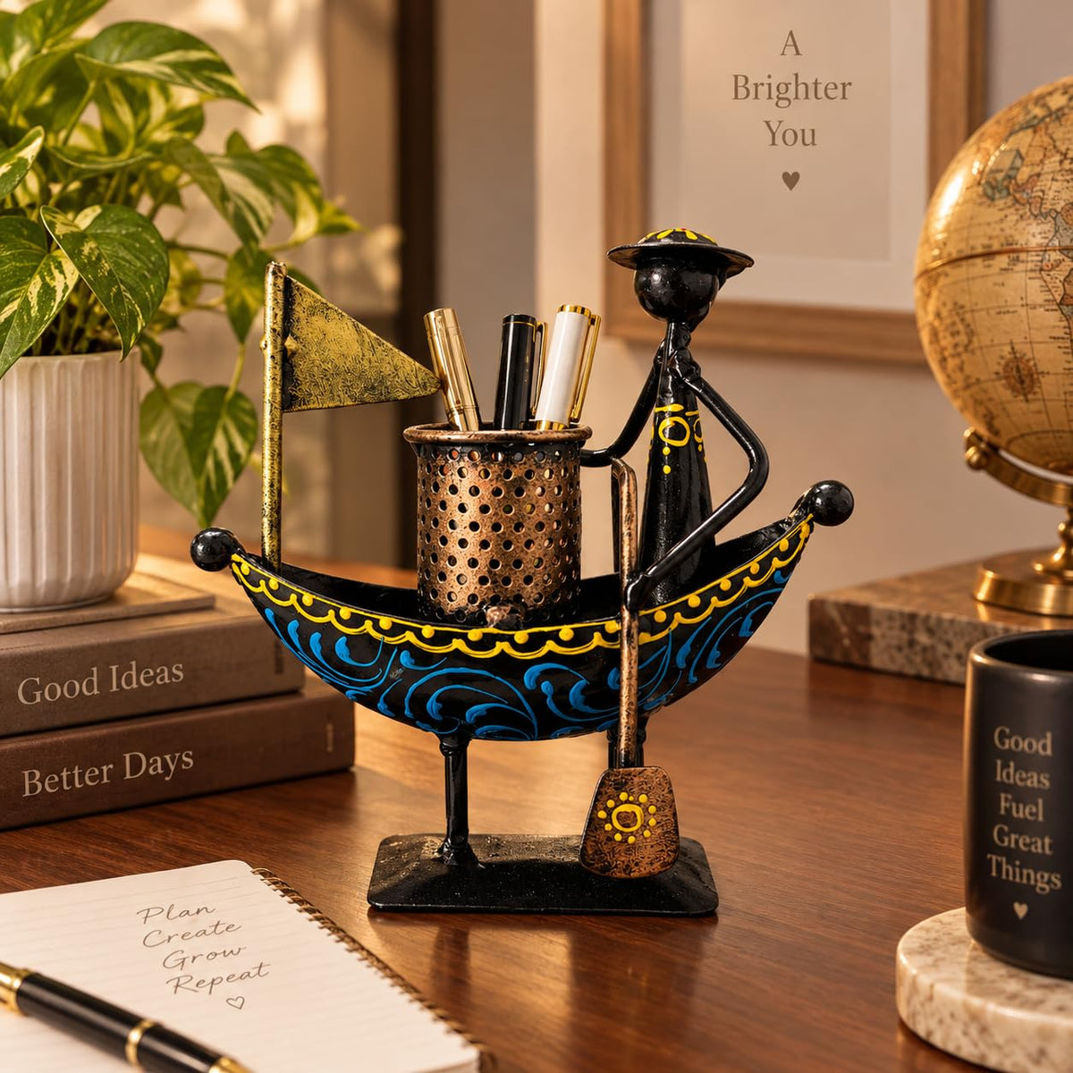 Handpainted Metal Boat Pen Holder with Boatman Figurine – view 2