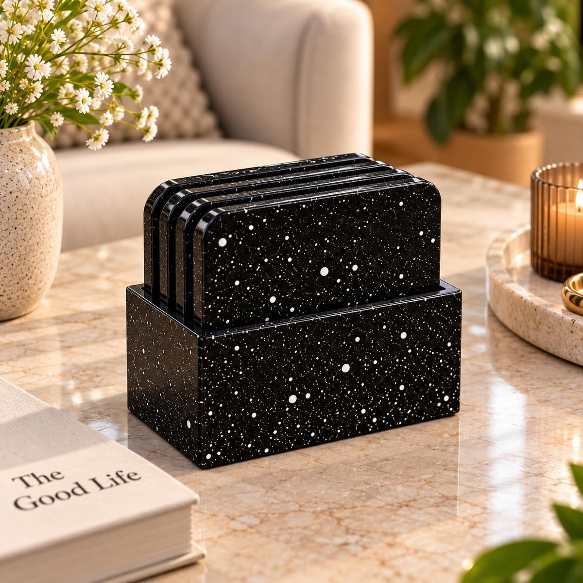 Black Speckled Coaster Set with Holder
