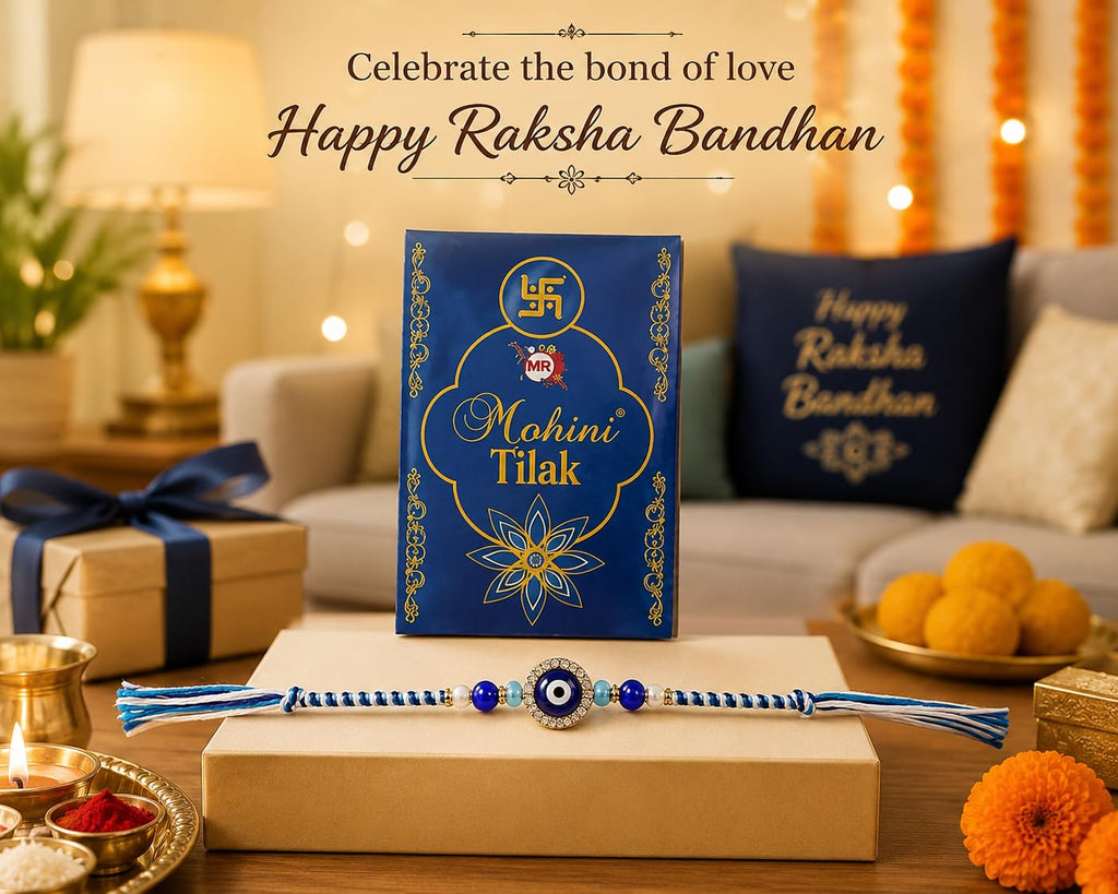 Rakhi with Mohini Tilak, Blue Beaded Thread, Raksha Bandhan Gift Set