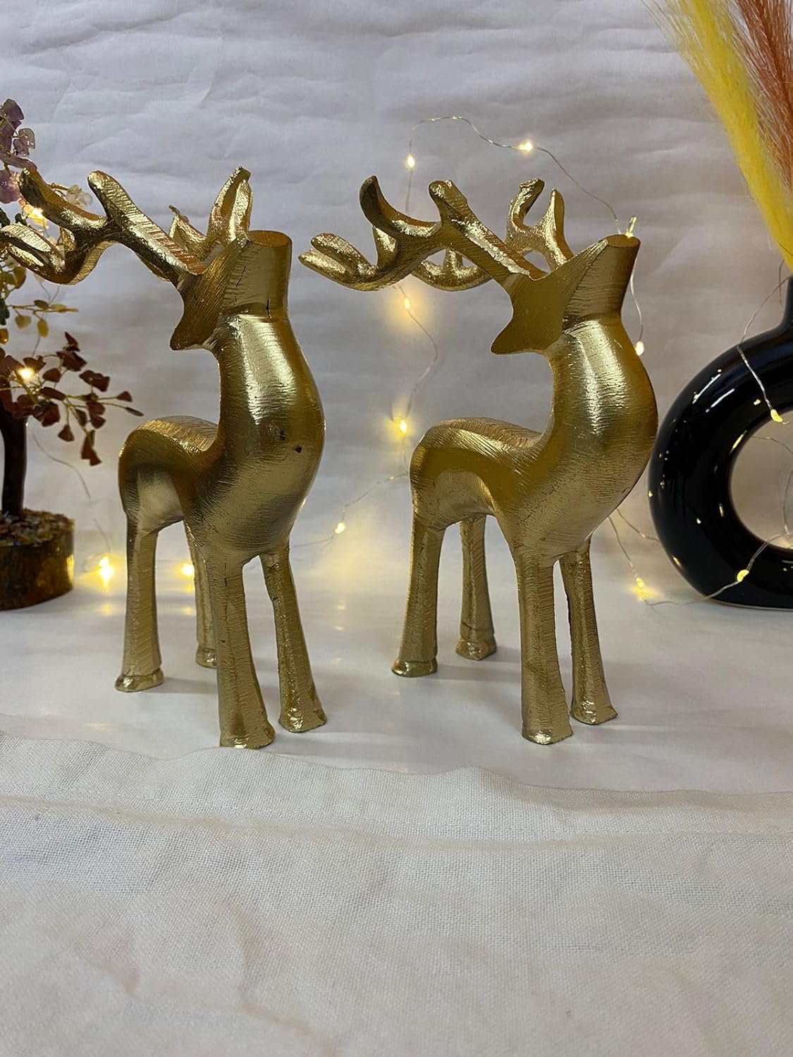 Manifested Decor Golden Antique Vastu Metal Reindeer Figure Statue for Good Luck | Christmas Deer Showpiece for Home Decor Tabletop - Ideal for Gifting(Set of 2)
