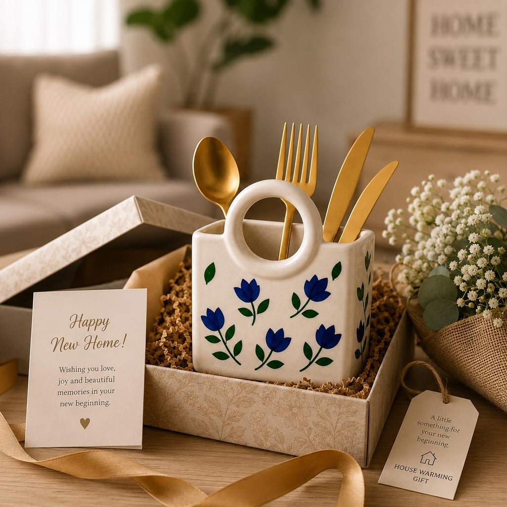 Ceramic Utensil Holder with Blue Floral Pattern, White Kitchen Organiser, Cutlery Set Holder