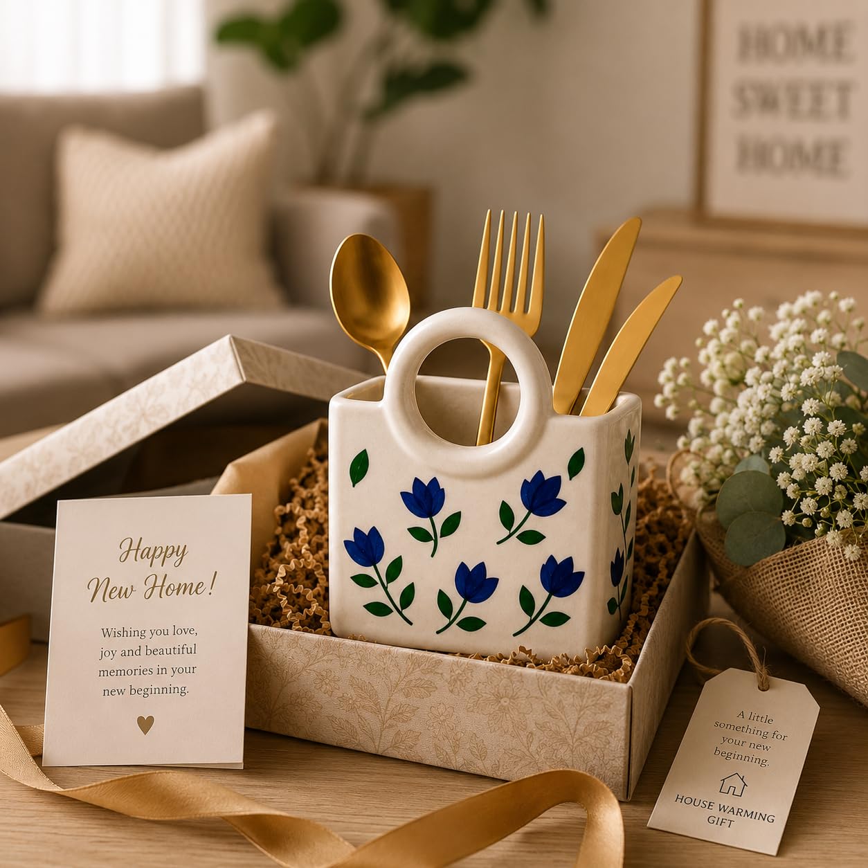 Ceramic Utensil Holder with Blue Floral Pattern, White Kitchen Organiser, Cutlery Set Holder