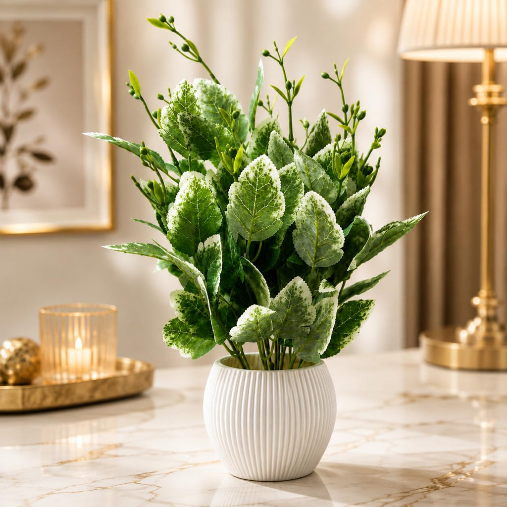 Artificial Plant with White Plastic Pot, Green Variegated Leaves