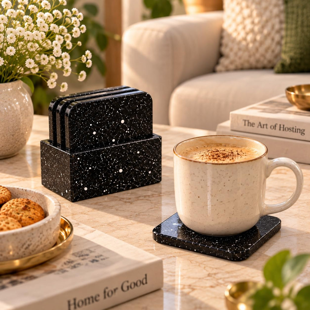 Black Speckled Coaster Set with Holder – view 2