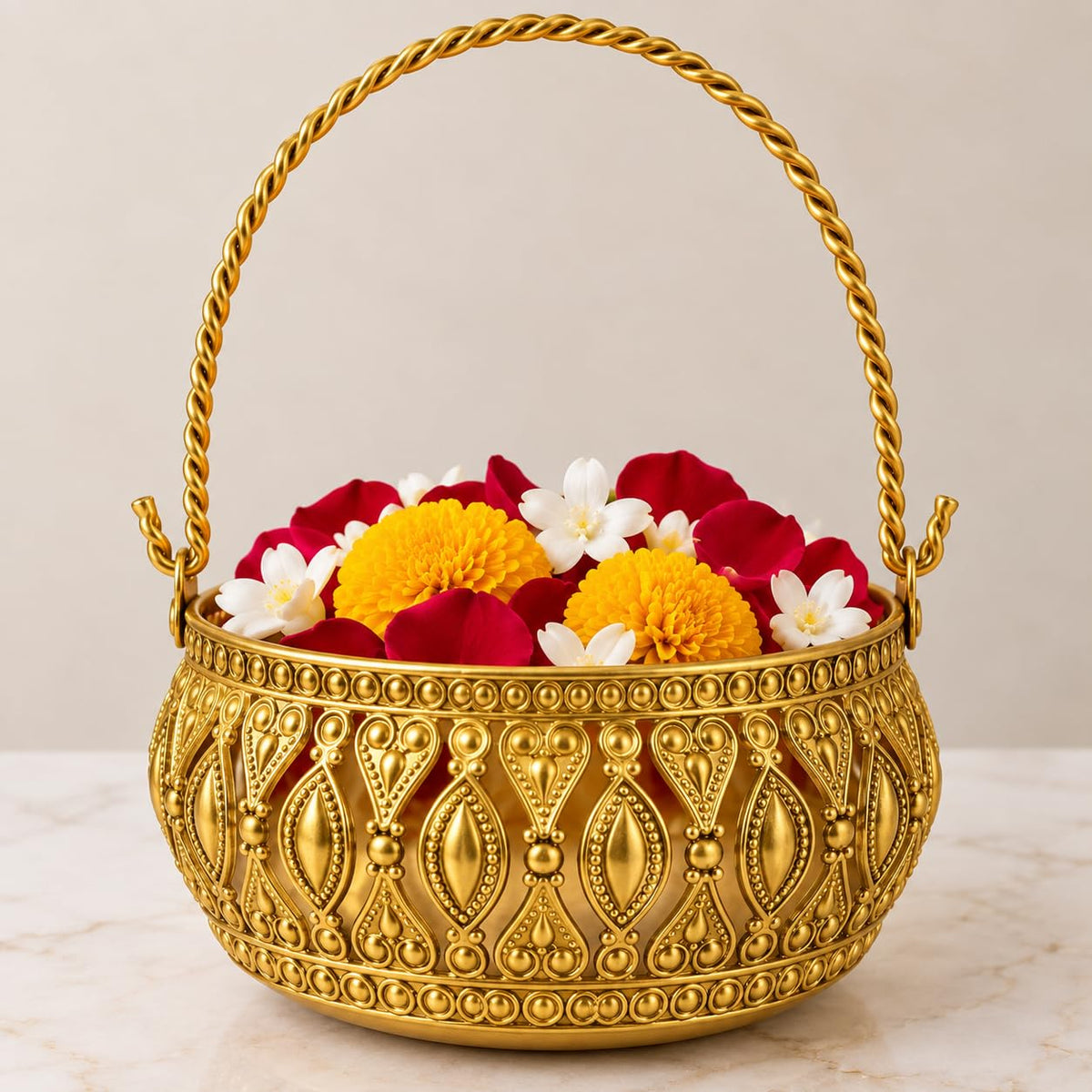 Golden Brass Flower Basket with Twisted Handle for Pooja