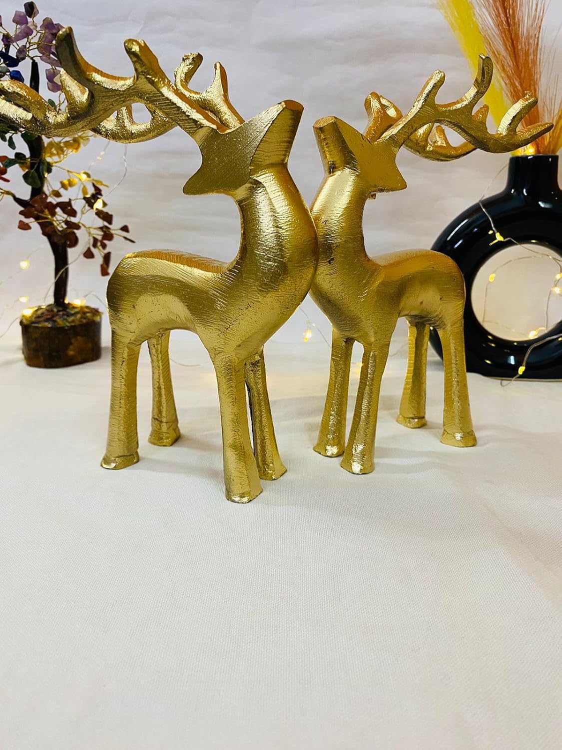 Manifested Decor Golden Antique Vastu Metal Reindeer Figure Statue for Good Luck | Christmas Deer Showpiece for Home Decor Tabletop - Ideal for Gifting(Set of 2)