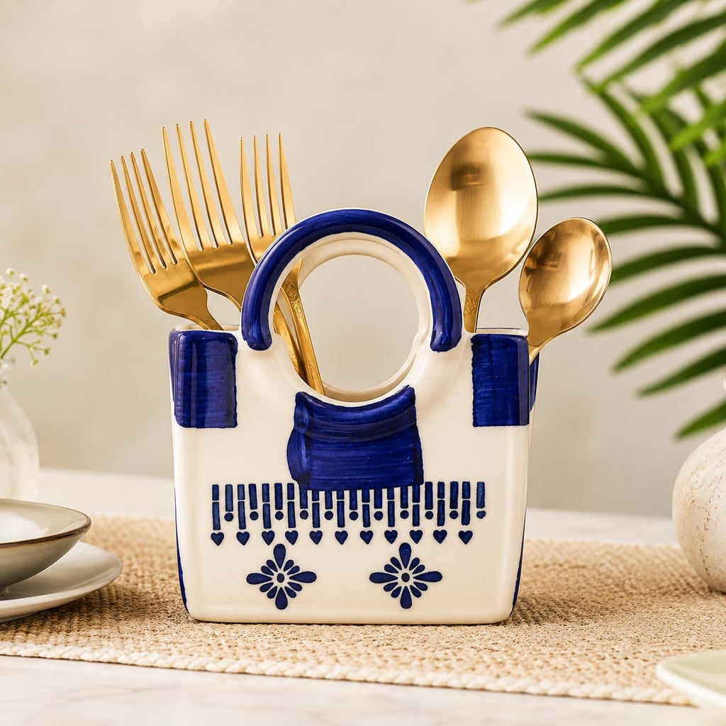 Ceramic Utensil Holder with Blue Floral Pattern, White Kitchen Organiser, Cutlery Set Holder