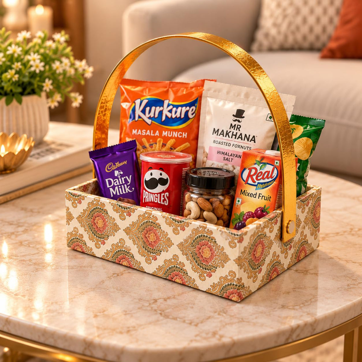 Decorative Basket Tray with Gold Handle