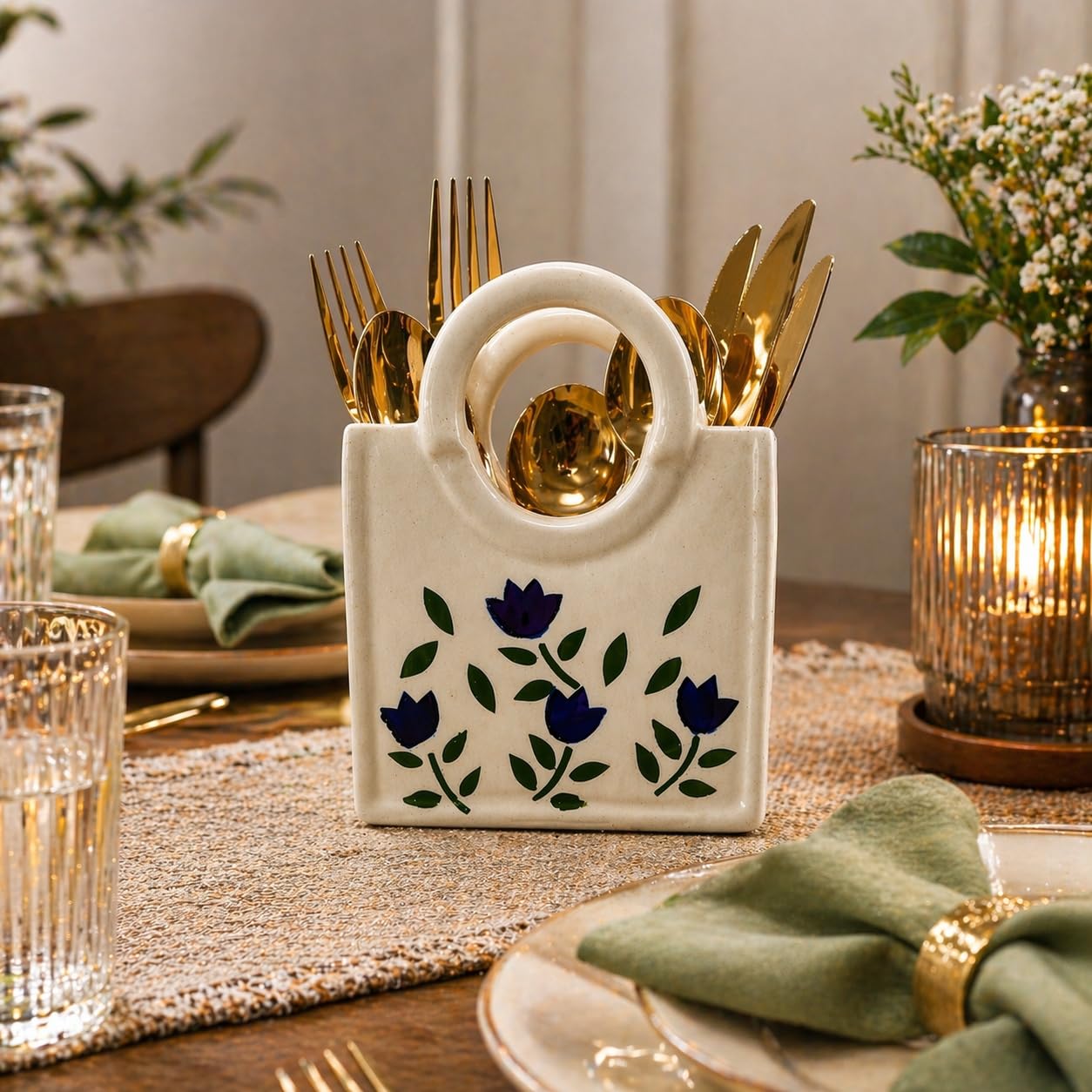 Ceramic Utensil Holder with Blue Floral Pattern, White Kitchen Organiser, Cutlery Set Holder