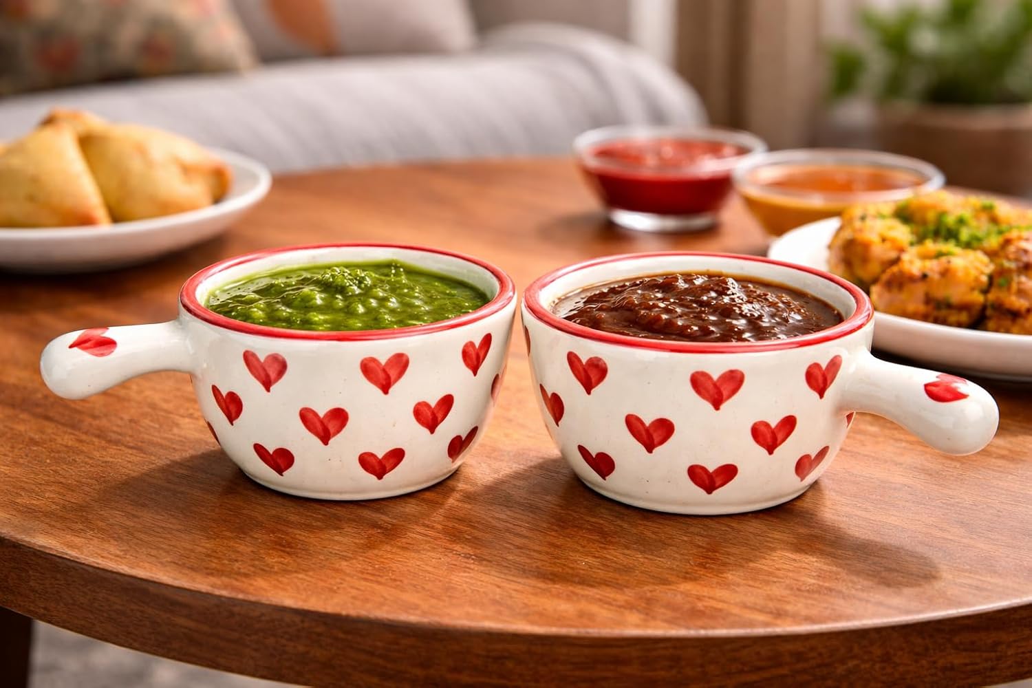 Ceramic Sauce Bowls with Handle, White with Red Heart Pattern, Set of 2, Condiment Serving Dishes