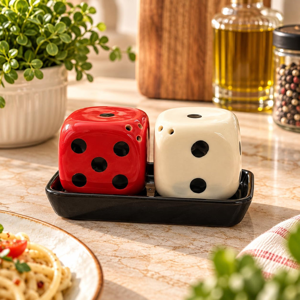 Ceramic Salt and Pepper Shaker Set - Cute Trendy Designs - Mushroom, Onion Garlic, Watermelon and Leaf Design (Dice)