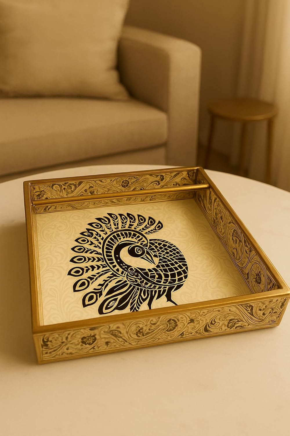 Decorative Wooden Tissue Box with Peacock Design