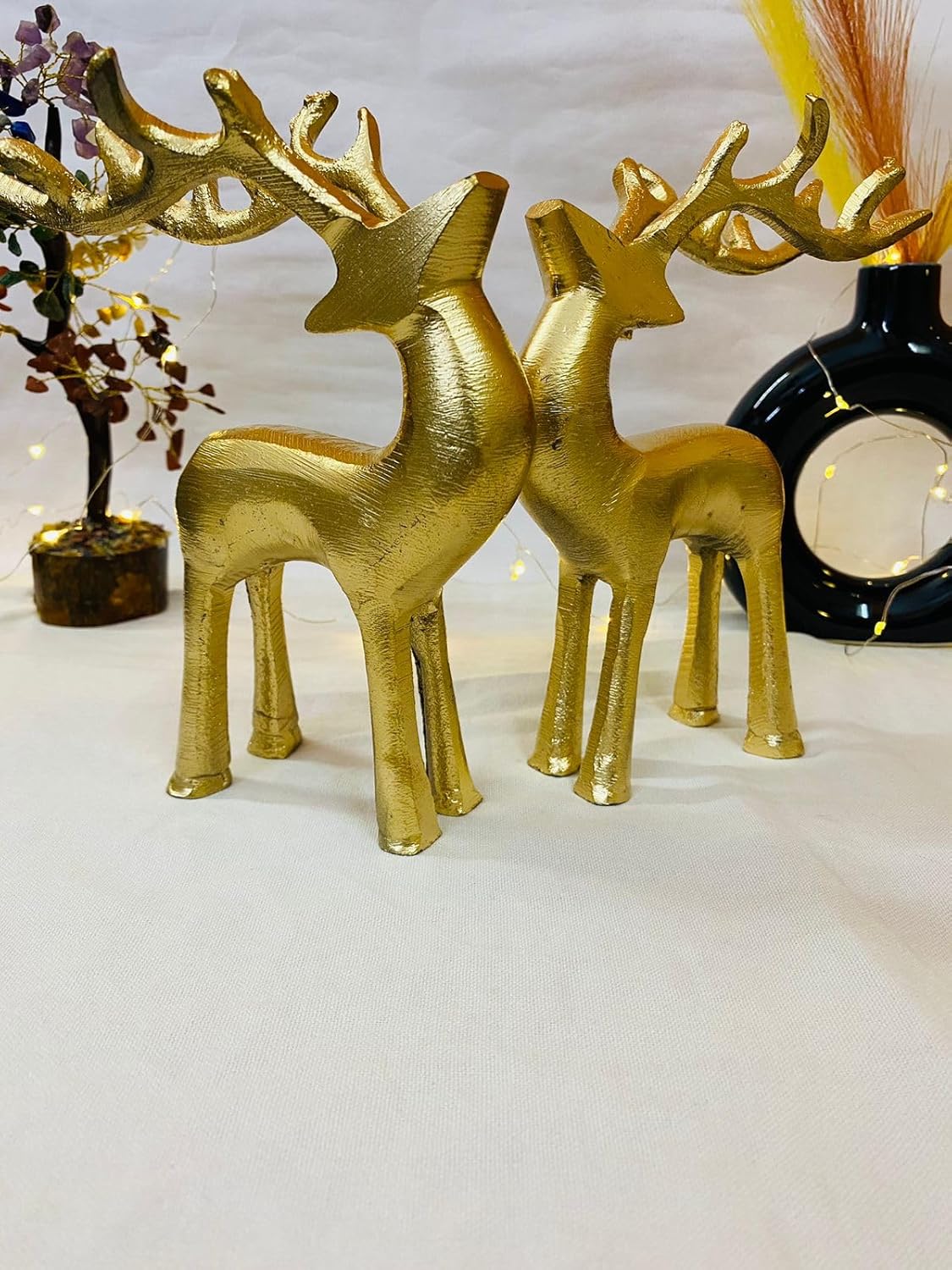 Manifested Decor Golden Antique Vastu Metal Reindeer Figure Statue for Good Luck | Christmas Deer Showpiece for Home Decor Tabletop - Ideal for Gifting(Set of 2)