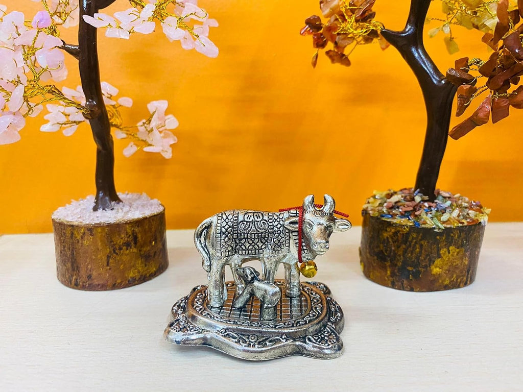 Manifested Decor Silver Oxidised Silver Finished Cow & Calf Figurine Idol for Home Decorative/Office/Gifting/Pooja Like Brass and Metal Showpiece Statue