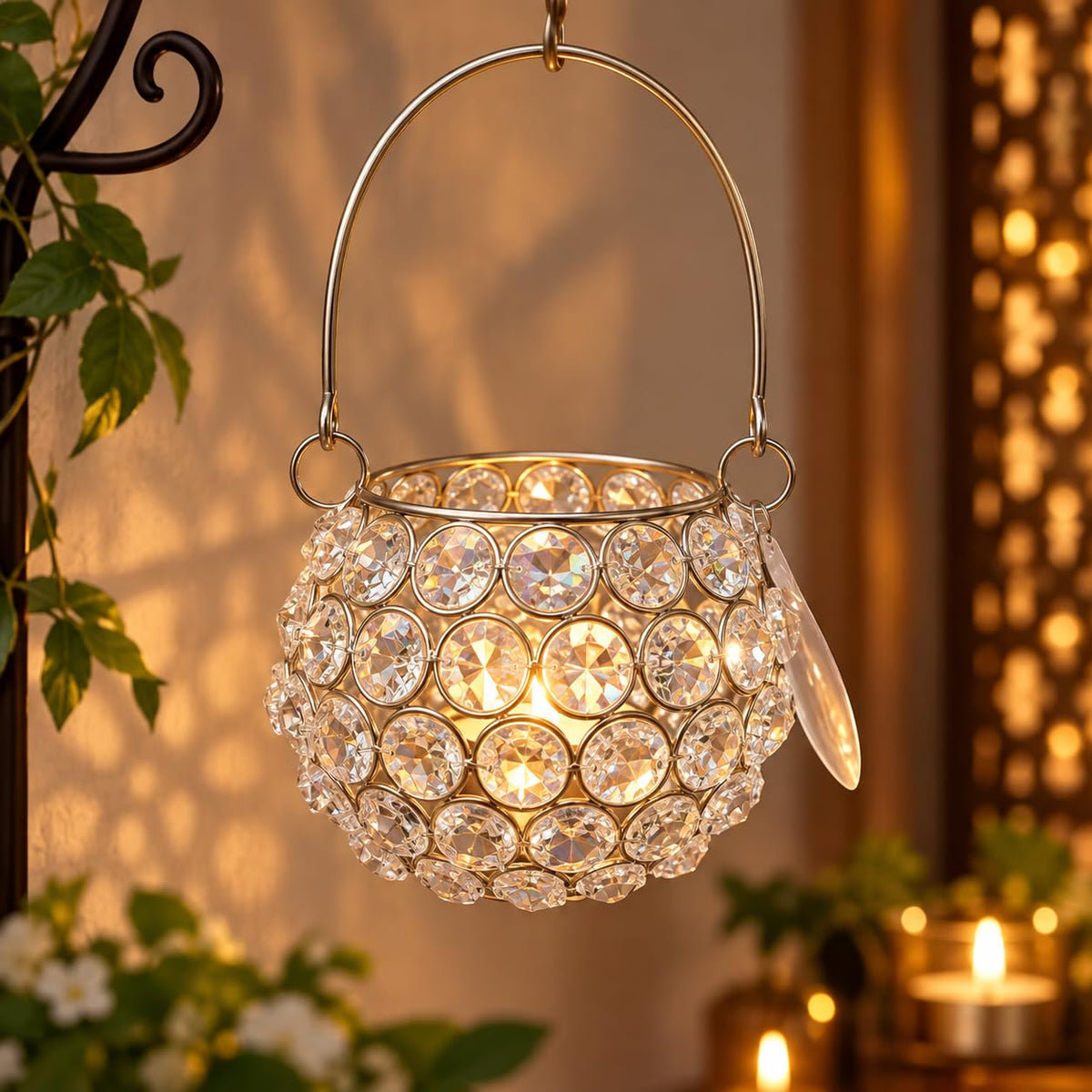 Crystal Bead Hanging Candle Holder Lantern