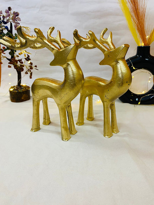 Manifested Decor Golden Antique Vastu Metal Reindeer Figure Statue for Good Luck | Christmas Deer Showpiece for Home Decor Tabletop - Ideal for Gifting(Set of 2)
