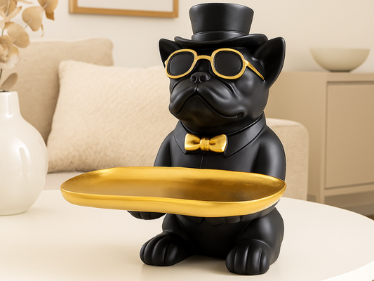 Manifested Decor Decorative French Bulldog Figurine, Gold Accents, Top Hat and Sunglasses, with Golden Tray