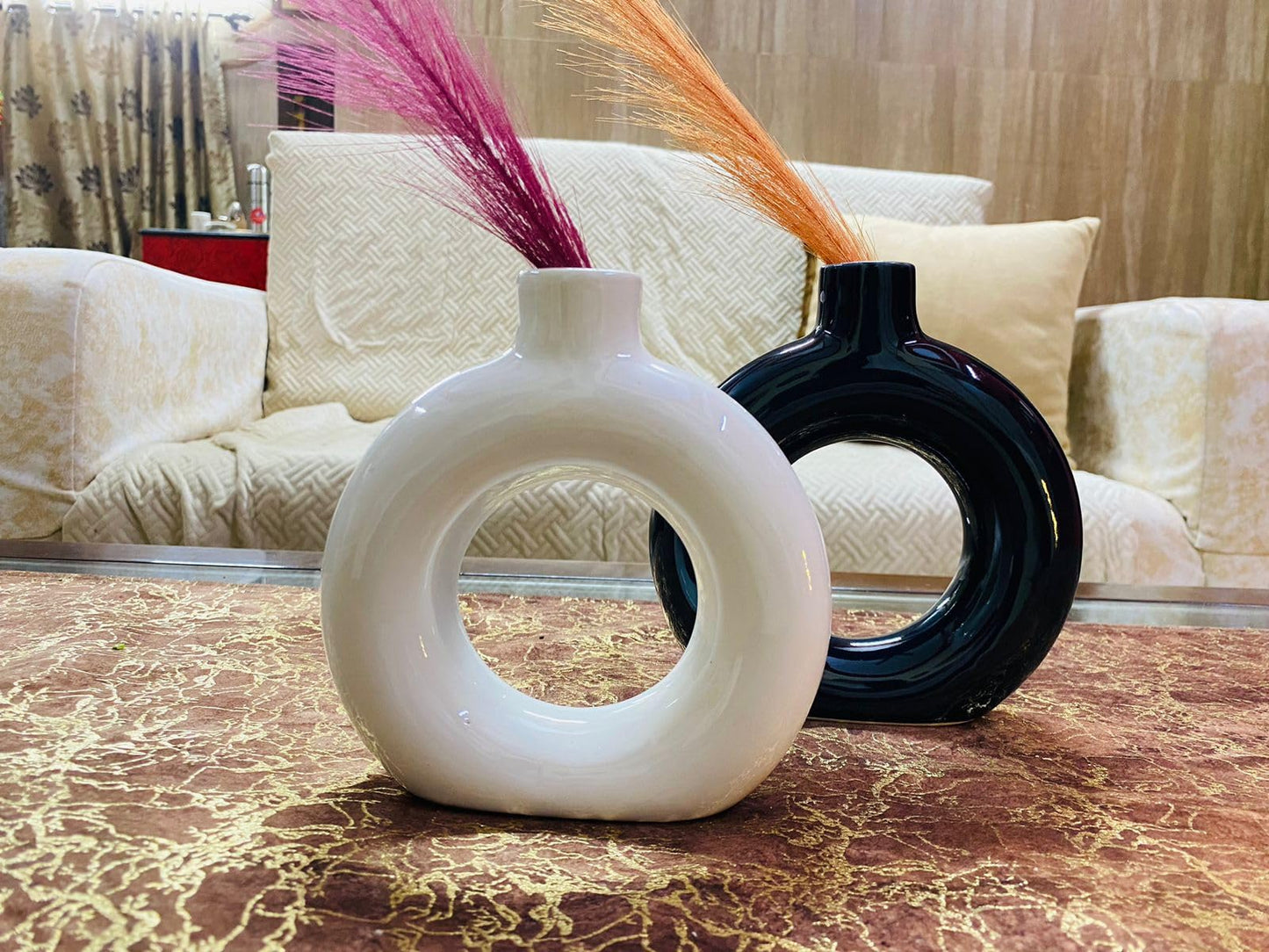 Manifested Decor - Ceramic Black White Donut Vase Combo for Home Decor, Elegant Style, Perfect for Living Room, Bedroom, Office & Wedding Decoration