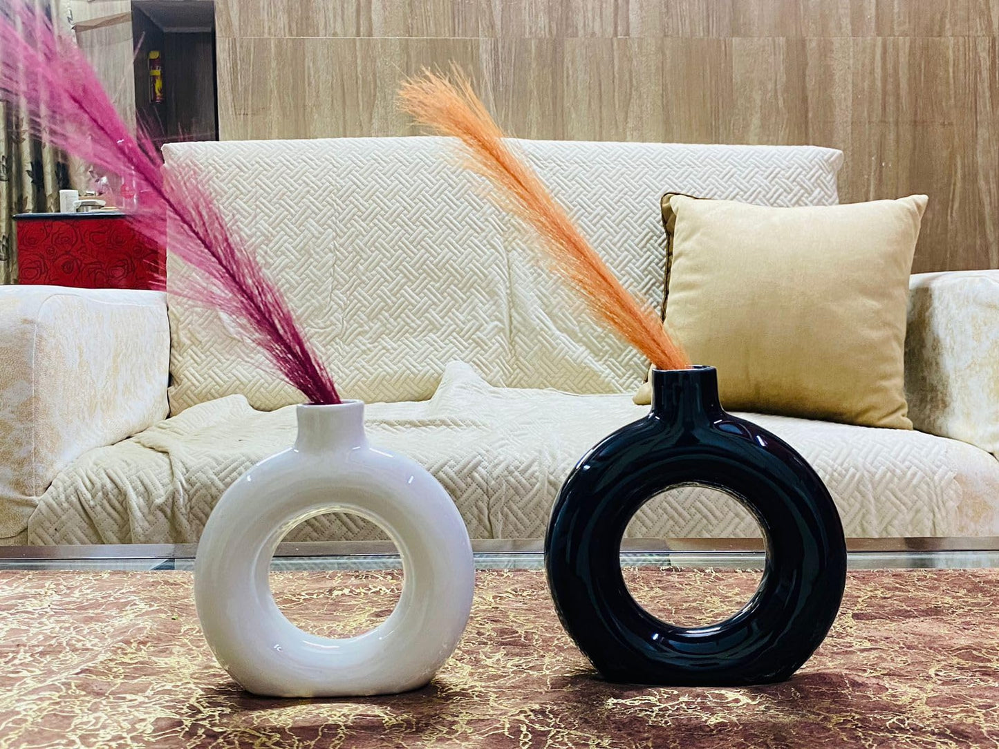 Manifested Decor - Ceramic Black White Donut Vase Combo for Home Decor, Elegant Style, Perfect for Living Room, Bedroom, Office & Wedding Decoration